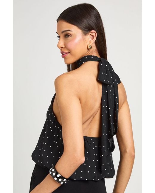 Boohoo Black Polka Dot Chiffon Keyhole Halterneck Top