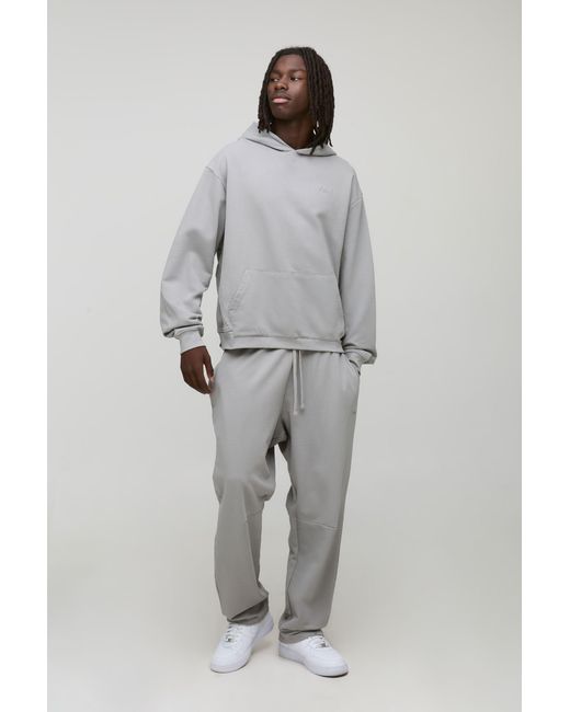 BoohooMAN Gray Oversized Boxy Loopback Script Embroidered Rib Panel Hoodie for men