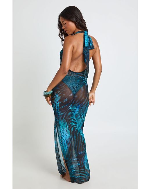 Boohoo Blue Abstract Print Sheer Mesh Plunge Maxi Beach Dress