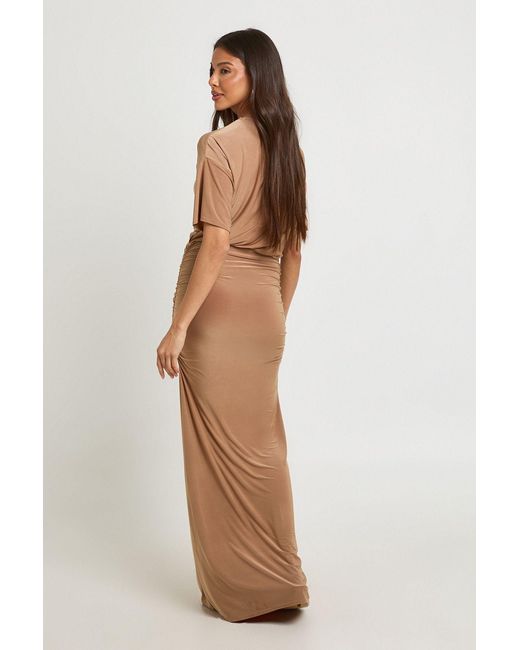 Boohoo Natural Super Soft Ruched Waist Flared Sleeve Maxi Dress