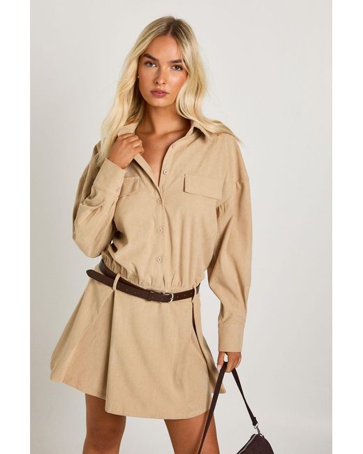 Boohoo Natural Cord Blouson Shirt Mini Dress
