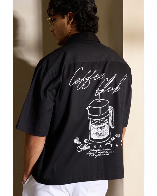 BoohooMAN Black Oversized Half Sleeve Coffee Club Shirt for men