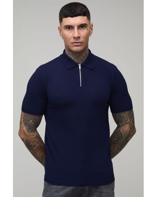 BoohooMAN Blue Tall Muscle Fit Soft Touch 1/4 Zip Knitted Polo for men