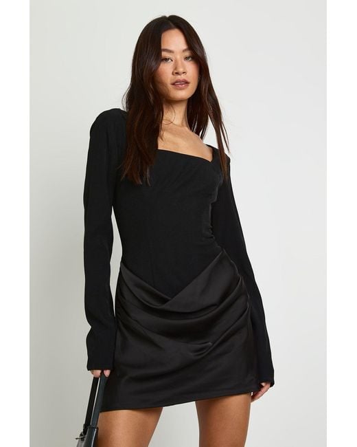 Boohoo Black Tall Satin Drape Long Sleeve Mini Dress