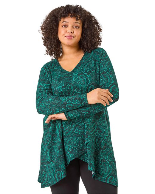 Roman Green Curve Paisley Print V-Neck Stretch Top