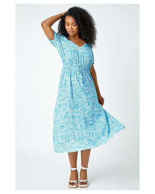 Roman Petite Blue Ditsy Floral Stretch Midi Dress