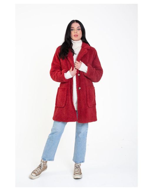 Gini London Red Faux Fur Longline Teddy Overcoat