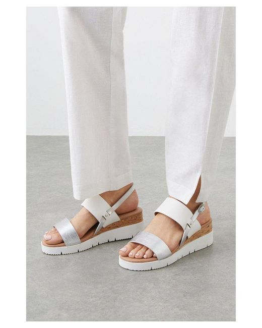 Wallis White Wide Fit Riley Double Strap Contrast Cork Effect Wedge