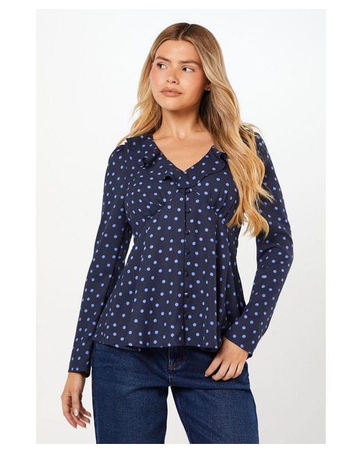 Dorothy Perkins Blue Spot Ruffle Neck Long Sleeve Button Front Tea Blouse