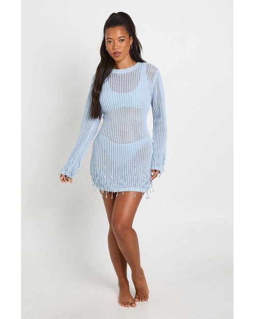 Boohoo Blue Crochet Knit Beaded Hem Mini Dress