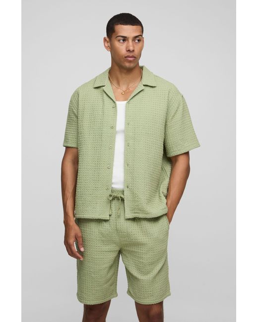 BoohooMAN Green Oversized Jumbo Waffle Revere Shirt And Shorts Set