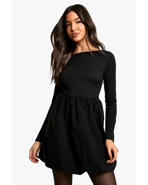 Boohoo Black Texture Long Sleeve Volume Skirt Mini Dress