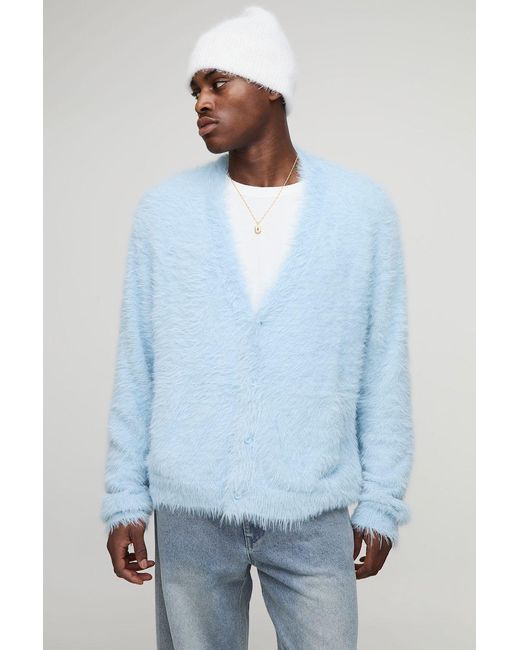 BoohooMAN Blue Oversized Fit Extreme Fluffy Knitted Cardigan for men