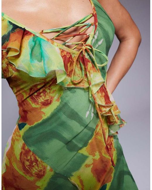 ASOS Green Plunge Lace Up Ruffle Cami Midi Dress Abstract Floral