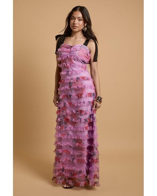 Oasis Pink Petite Printed Tiered Mesh Tie Shoulder Maxi Dress