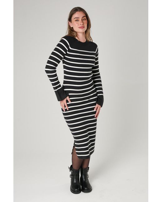 French Connection Black Cosy Striped Midi Dress With Bell Sleeves