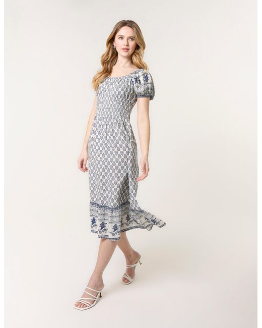 Blue Vanilla Natural Border Print Puff Sleeve Midi Dress