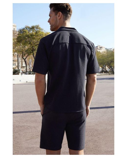 Threadbare Black 'Estrella' Revere Collar Short Sleeve Cotton Shirt With Stretch for men