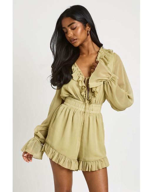 Boohoo Green Ruffle Detail Textured Chiffon Playsuit