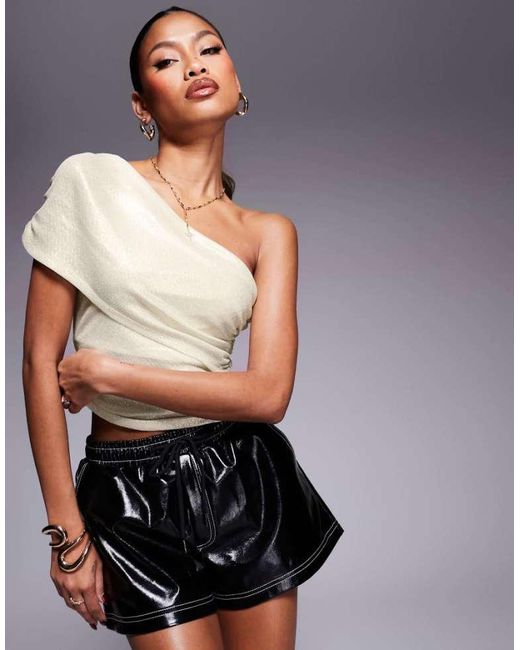 ASOS Metallic Ruched Side Fallen Shoulder Top