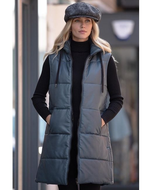 Ashwood Leather Blue 'Giacca' Long Gilet With Detachable Hood