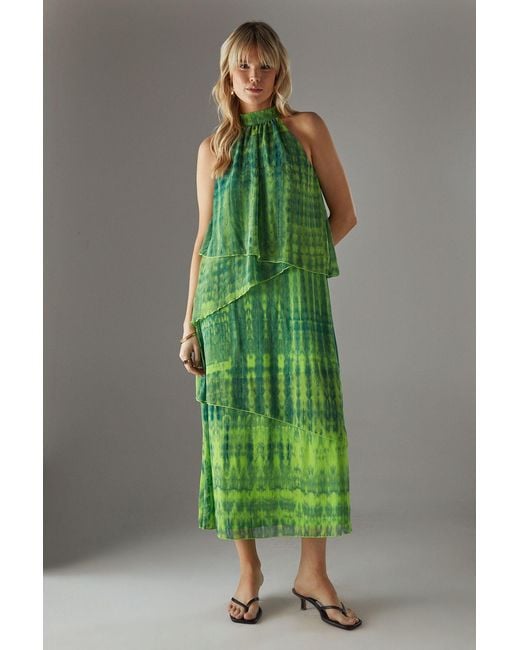 Warehouse Green Chiffon Halter Ruffle Layer Maxi Dress