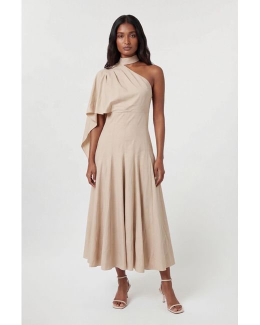 Karen Millen Natural Premium Tailored Linen High Neck One Shoulder Full Midi Dress