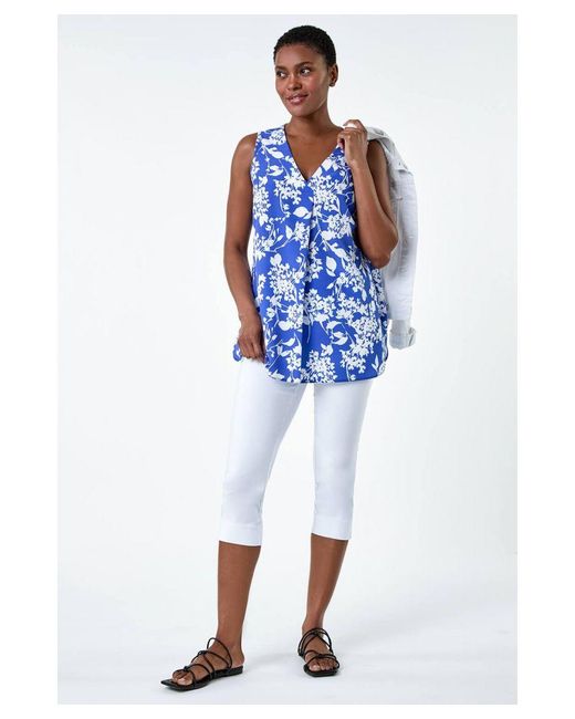 Roman Blue Ditsy Floral Sleeveless Pleat Vest Top