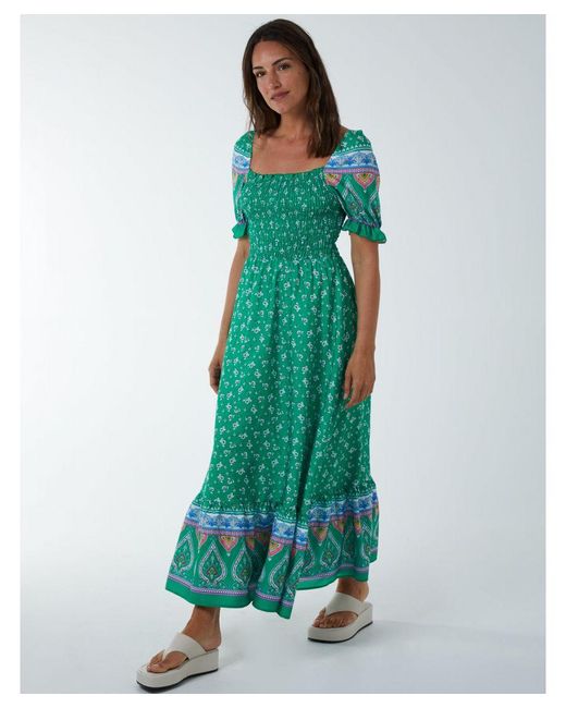 Blue Vanilla Green Shirred Floral Maxi Dress
