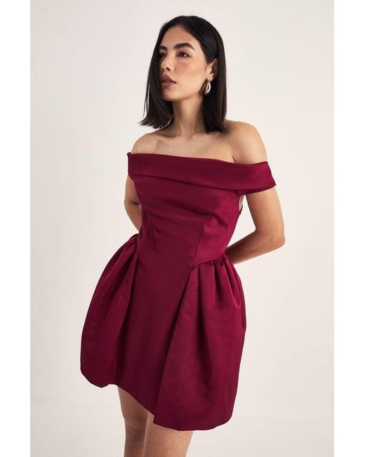 Satin Robe Short Lantern Nasty Gal Satin Structured Bardot Lantern Mini Dress | Lyst UK