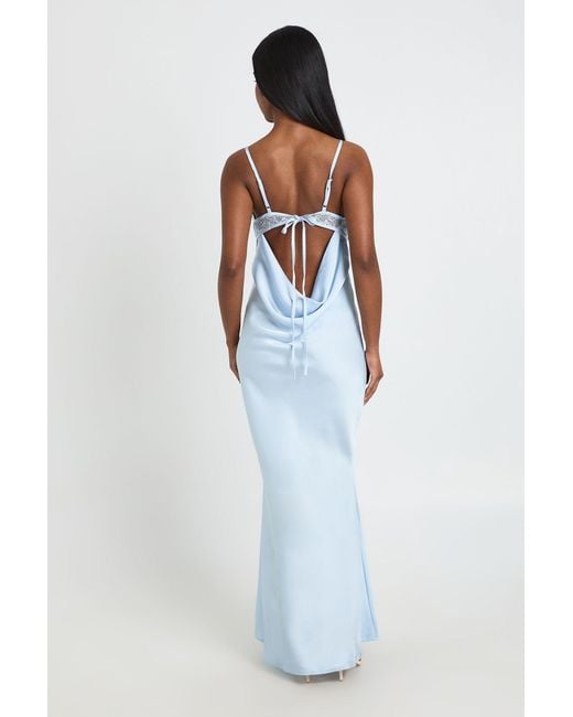 Boohoo Blue Satin & Lace Maxi Slip Dress