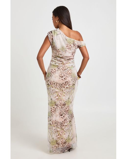 Boohoo Natural Print Printed Mesh Asym Neck Maxi Dress