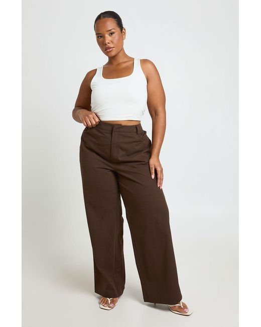 Boohoo Brown Plus Twill Adjustable Waist Straight Leg Trouser