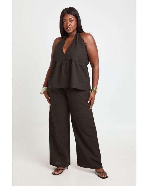 Boohoo Black Plus Pleated Linen Look Halterneck And Trouser Set