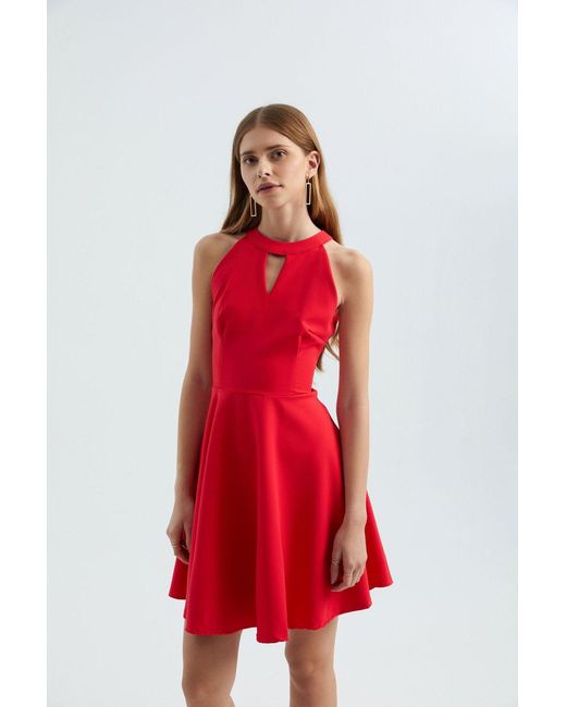 Hiccup Red Halter Neck Sleeveless Mini Skater Dress With A Keyhole Cut Out