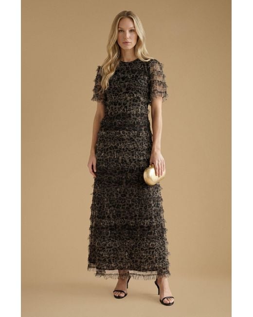 Oasis Natural Print Ruffle Mesh Maxi Dress