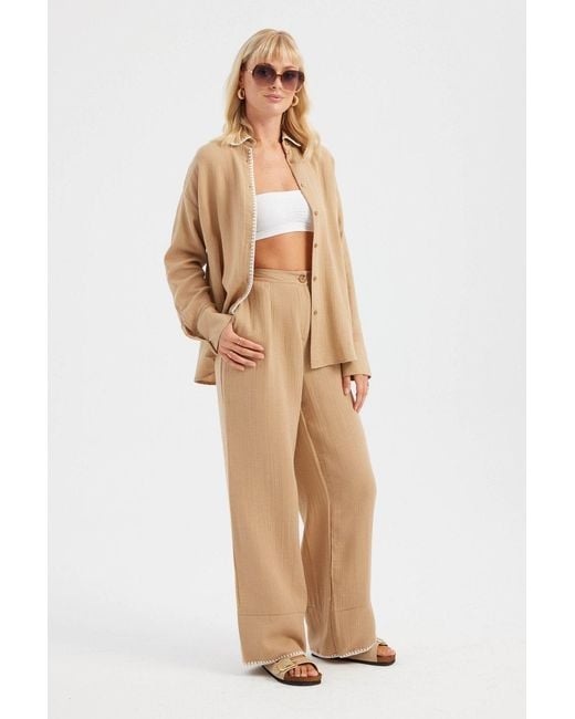 Hiccup Natural 2 Pieces: Embroidered Muslin Shirt & High Waist Pleated Straight Leg Trousers
