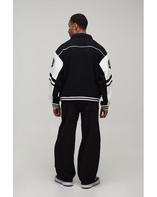 BoohooMAN Black Regular Fit Collared Certified Varsity Jersey Jacket for men