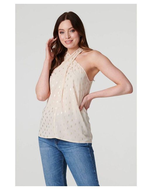 Izabel London Black Metallic Print Crossover Top