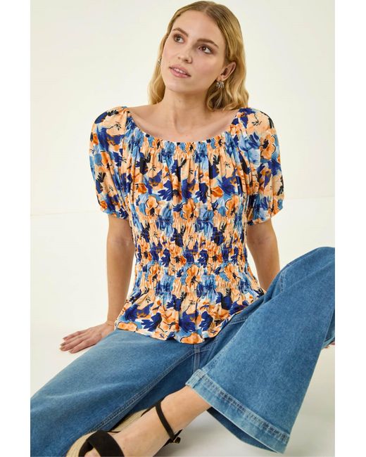 Roman Blue Floral Print Shirred Bardot Top