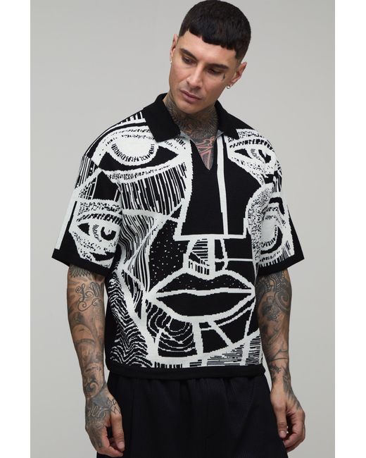 BoohooMAN Black Tall Oversized Boxy Jacquard Abstract Face Knitted Polo for men