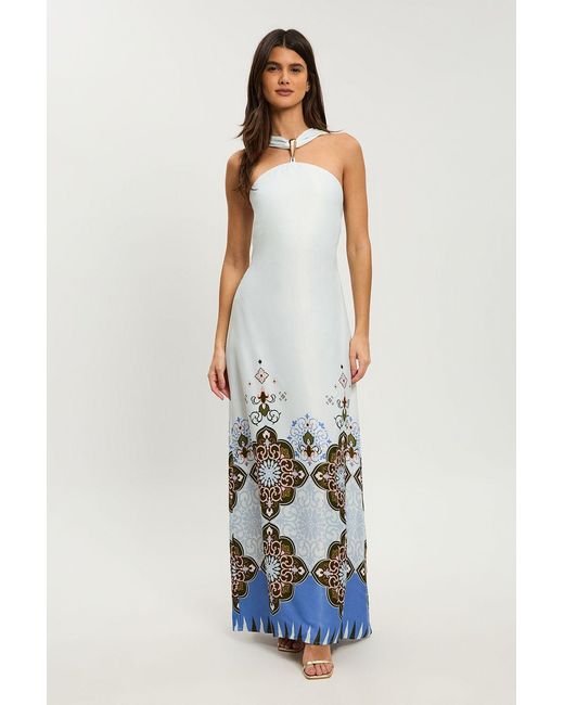 Karen Millen White Petite Tile Print Satin Viscose Halterneck Maxi Dress