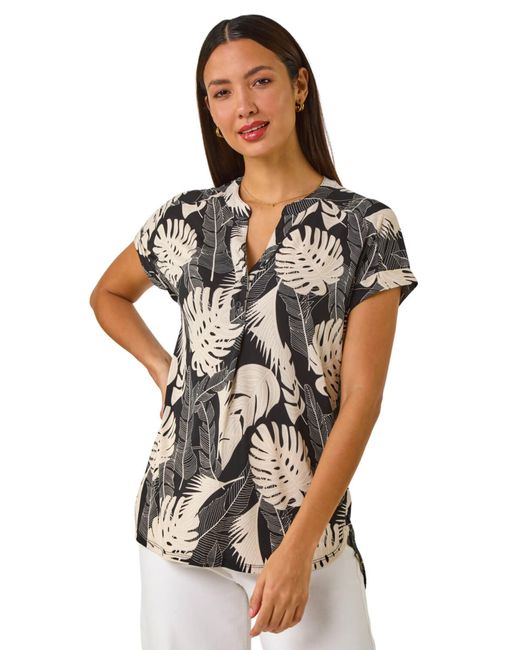 Roman Multicolor Textured Leaf Print V-Neck Stretch Top