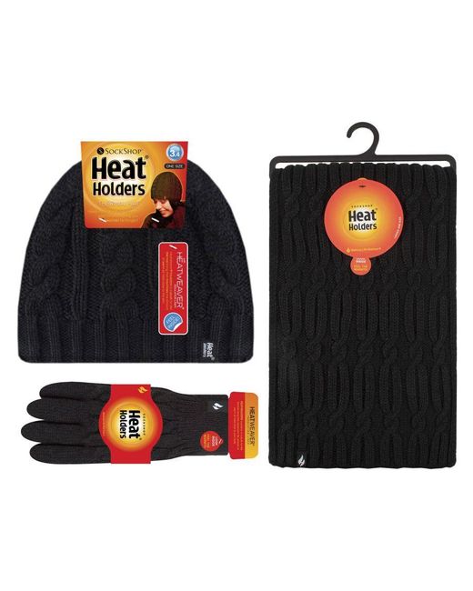 Heat Holders Black Ladies Knitted Hat Scarf & Gloves Set