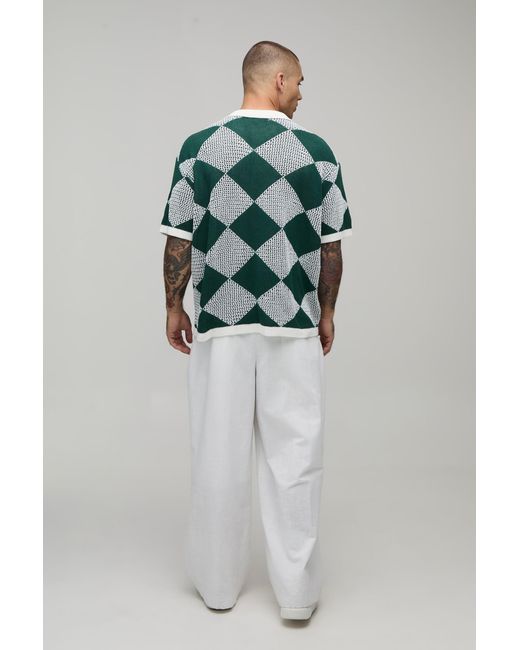 BoohooMAN Green Relaxed Fit Open Stitch Diamond Crochet Knitted Shirt for men