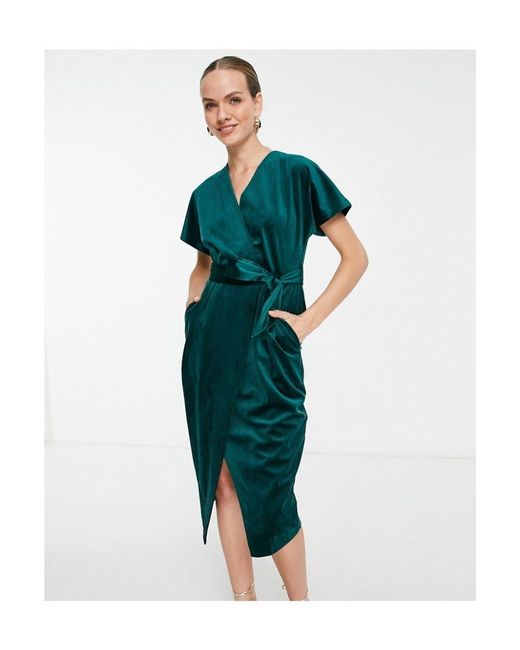 Closet Green Kimono Sleeve Velvet Midi Dress With Wrap Tie