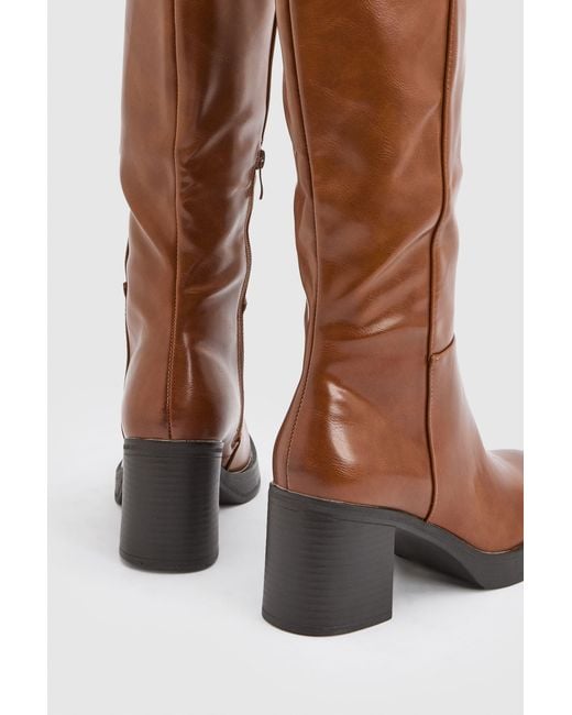 Faith Brown Sealia Faux Leather Medium Block Heel High Leg Boots