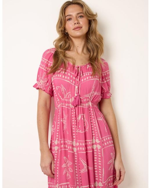 Blue Vanilla Pink Starfish Print Tie Front Maxi Dress