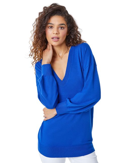 Roman Blue Plain V-Neck Stretch Jumper