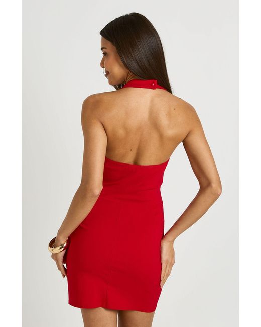 Boohoo Red Bengaline Halterneck Cut Out Corset Mini Dress